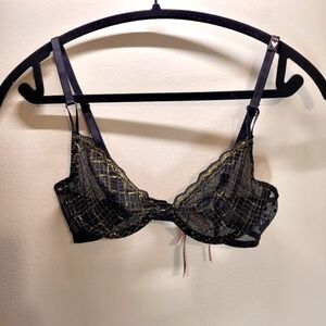 Victorias Secret Nwt Gold And Black Lace Polka Dot Back Bra - 34b